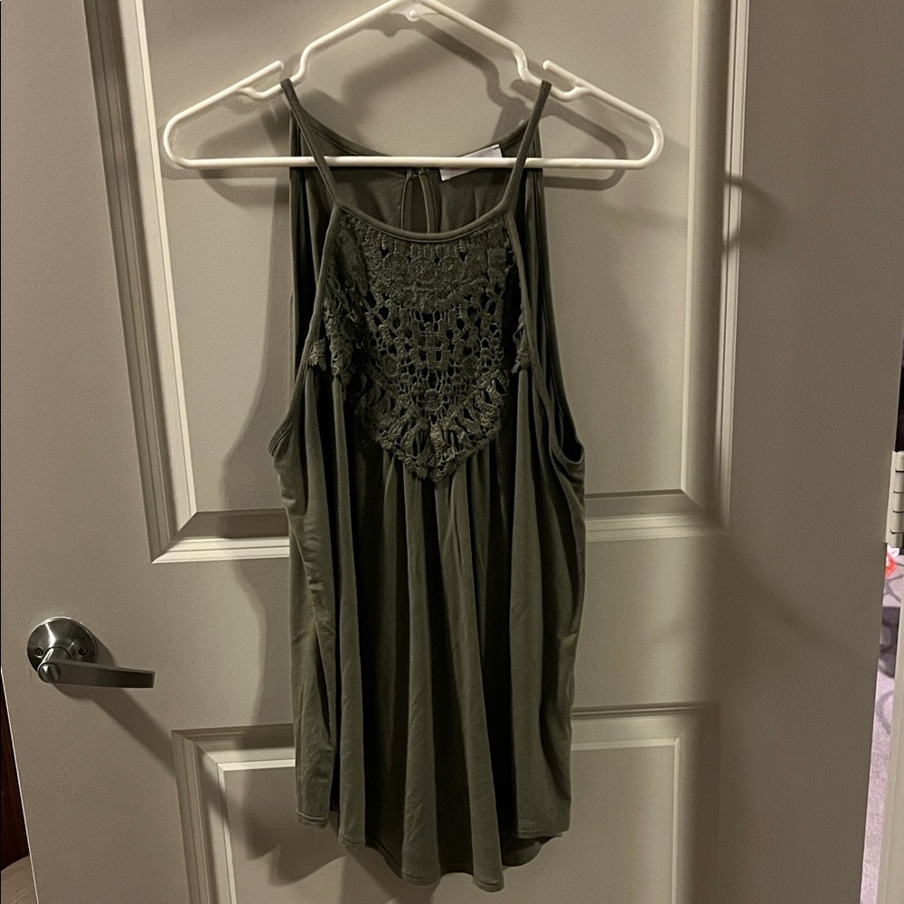 Women’s Crochet Yoke Halter Tank Top - Olive Green